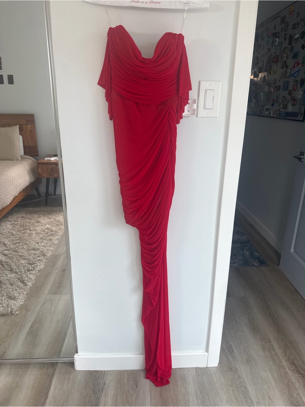 REVOLVE NOOKIE Dita Mesh Gown Red Ruched Off-Shoulder Evening Dress - Picture 5 of 11
